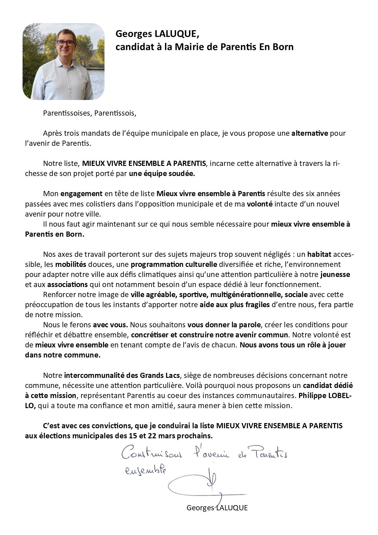 Georges Laluque, tête de la liste "Mieux Vivre Ensemble à Parentis" pour les élections municipales