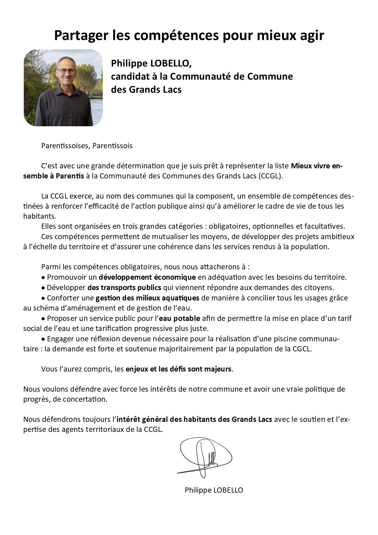 Philippe Lobello, candidat à la communauté de commune des Grands Lacs